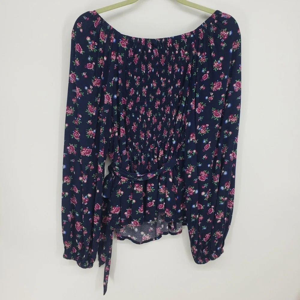 Old Navy Puff Sleeve Floral Smocked Wrap Blouse Top Women L Navy Long Sleeve